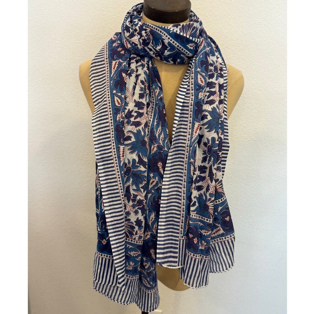 Blue White Floral Patterned Large Rectangular Scarf Shawl Throw Blanket